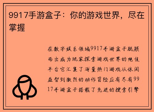 9917手游盒子：你的游戏世界，尽在掌握